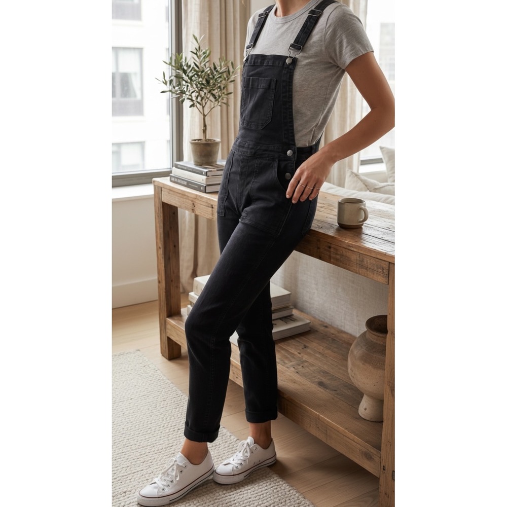 Brandy Melville Womens Black Denim Overalls Slim Straight Leg Dungarees Size M